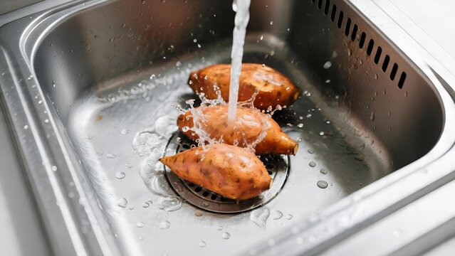 Fresh sweet potatoes being washed under running tap water in a kitchen sink.