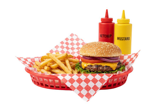 Hamburger and french fries in a red basket with condiments