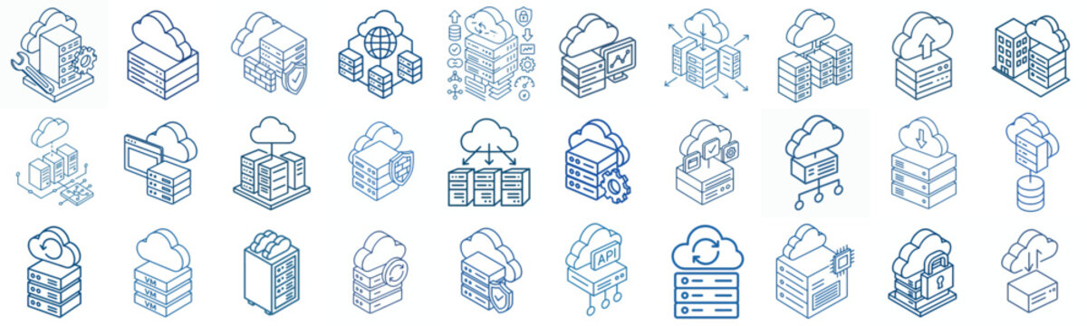 minimalist isometric line art vector cloud server icon in blue