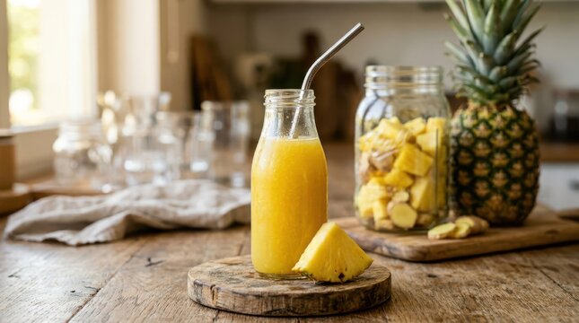 Fresh pineapple juice in a glass bottle with a metal straw and pineapple chunks