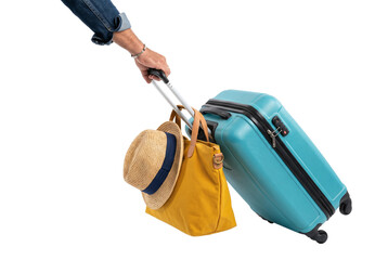 Hand pulling blue suitcase with yellow bag and hat © PEE PHIBAN