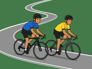 Obraz premium Two male cyclists actively riding bicycles on a winding outdoor road, a vibrant 2D vector illustration of sport and fitness