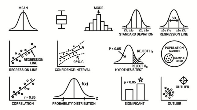 Set of hand drawn statistical analysis and data science icons.