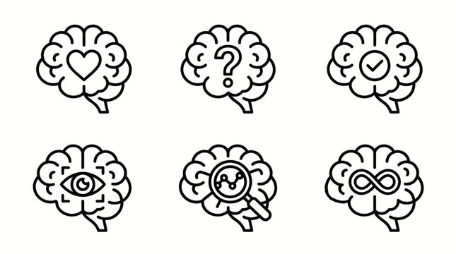 Set of human brain icons with various symbols representing cognitive functions.