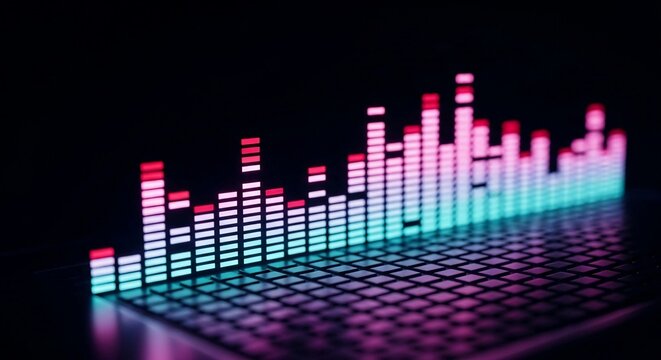 Vibrant equalizer lights display bars in a spectrum, visualizing audio levels with dynamic neon glow.