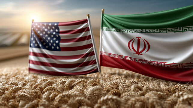 Contrasting flags of usa and iran on a natural background symbolizing cultural differences and international relations