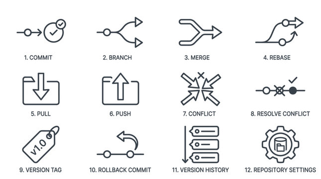 Set of Git version control icons illustrating software development workflow operations.