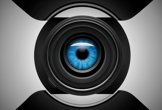 Close-up of a blue human eye embedded in the center of a camera lens