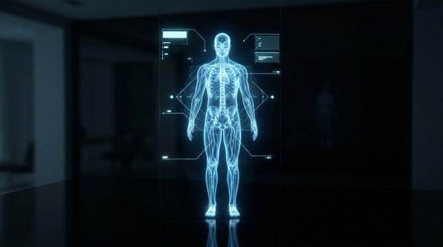 Futuristic holographic interface displaying detailed human anatomy with glowing blue elements on a dark background. 