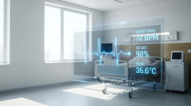 Futuristic medical HUD interface displaying heartbeat monitor display in medical blue tones over a bright modern clinic. Perfect for modern healthcare technology presentations and medical advertising.