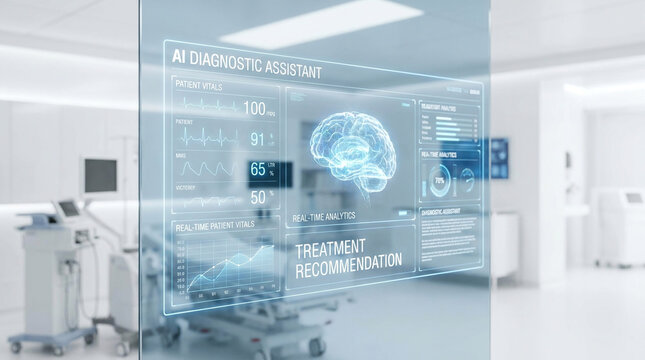 High-tech medical HUD interface displaying artificial intelligence doctor dashboard in medical blue tones over a bright modern clinic. Perfect for modern healthcare technology presentations and med...