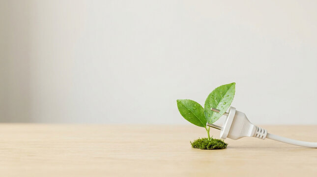 Green energy concept with a power plug and a fresh green leaf.