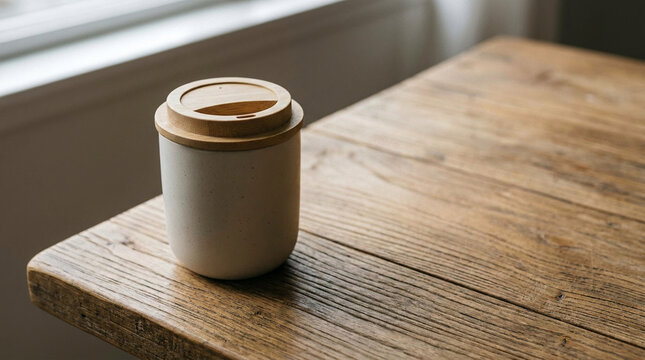 A cup of coffee with a reusable bamboo lid on a wooden table.
