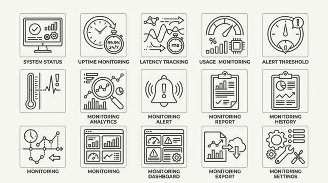 Set of hand drawn monitoring and system status line icons.
