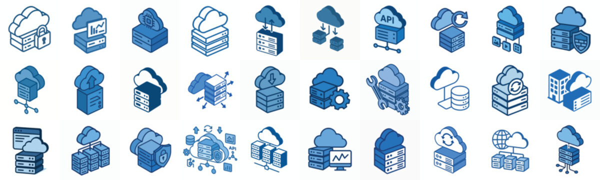 minimalist isometric vector cloud server icon in blue