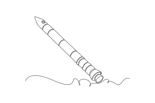 Single continuous line drawing slender space vehicle rocket launching diagonally into sky with smoke trail, representing cosmic exploration technology. One line draw graphic design vector illustration