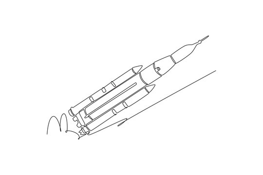 Single continuous line drawing large multi-stage space rocket vehicle flying diagonally upwards during launch blastoff, leaving a quick loop of smoke. One line draw graphic design vector illustration