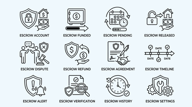 Set of escrow process icons for real estate and financial transactions.