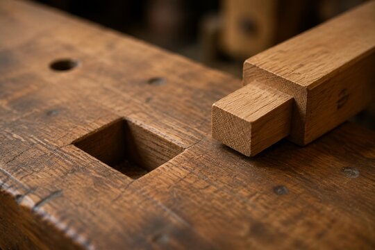 Square mortise hole on a workbench with a tenon piece beside it.