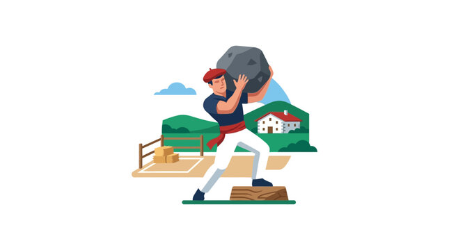 Basque strongman lifting heavy boulder, traditional rural landscape, strength sport