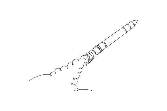 Single continuous line drawing space rocket vehicle launching dynamically upwards at an angle, leaving a stylized curly smoke trail behind its engines. One line draw graphic design vector illustration
