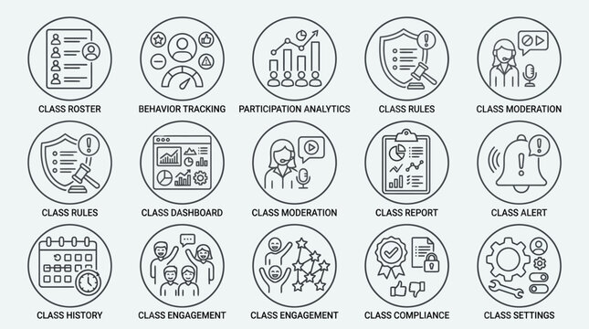 Set of education and classroom management line icons.