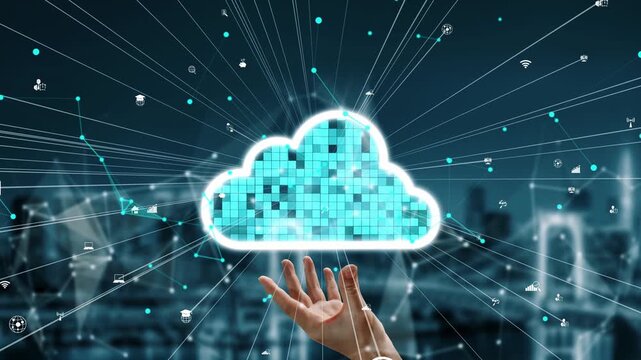 A futuristic representation of a hand reaching for a digital cloud, symbolizing innovation in cloud computing with data streams and technology icons in the background. Xenic