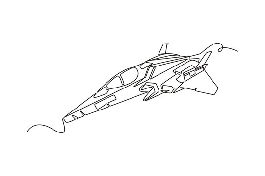 Single one line drawing a futuristic space vehicle or advanced combat jet in mid-flight, representing sci-fi aerospace tech engineering concept. Continuous line draw design graphic vector illustration