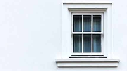 Fototapeta premium Modern white exterior wall with a single double-hung window featuring blue curtains and detailed window sill.