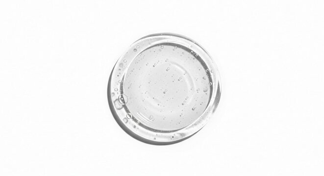 Clear cosmetic gel serum with small particles in circular pattern isolated on white background