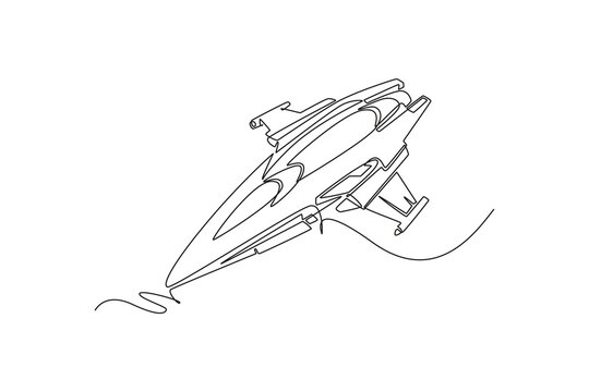 Single one line drawing sharp futuristic space vehicle, advanced cosmic jet cruising down, representing sci-fi transportation technology. Modern continuous line draw design graphic vector illustration