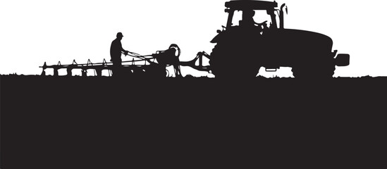 Obraz premium Silhouette of tractor and farmer in field, agricultural scene