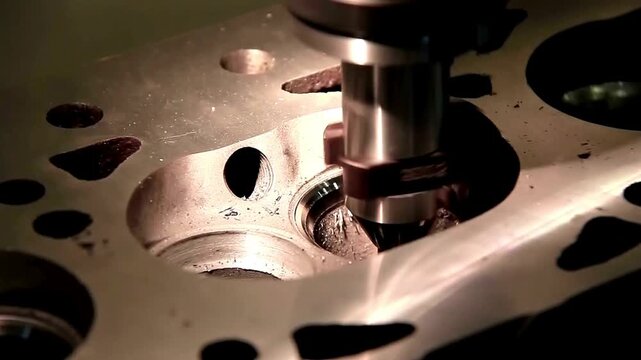 Reboring cylinder block process using precision vertical boring machine in professional automotive engine repair workshop in 4K Ultra HD footage.
