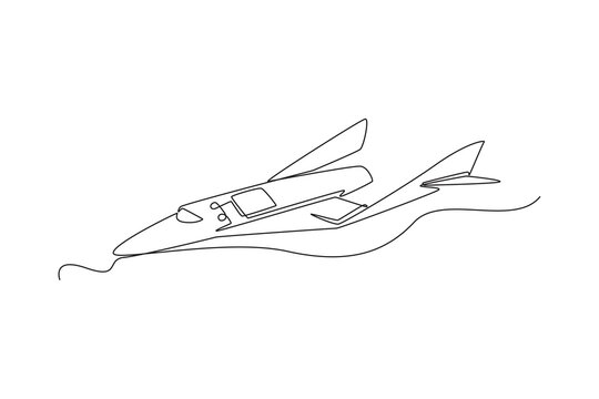 Single one line drawing futuristic space vehicle flying high gracefully in the cosmos, showcasing an advanced science fiction aircraft. Modern continuous line draw design graphic vector illustration