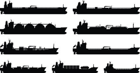 Obraz premium Silhouette icons of cargo ships and vessels for global maritime transport illustration