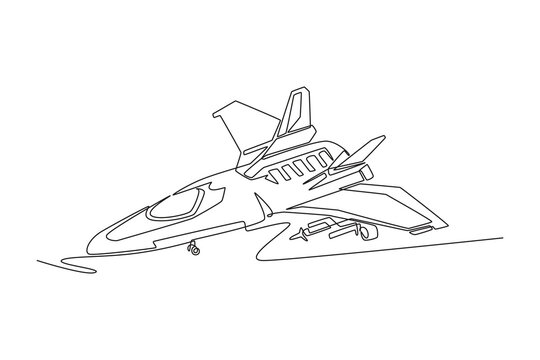 Continuous one line drawing futuristic modern spaceship fighter vehicle resting on ground, representing advanced sci-fi transportation technology. Single line draw design vector graphic illustration