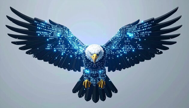 Cybernetic Eagle Spreading Wings with Data Matrix