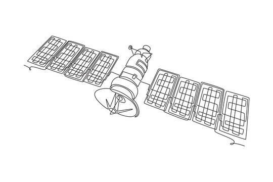 Continuous one line drawing an orbital satellite space vehicle with large solar panel arrays, representing modern communication technology concept. Single line draw design vector graphic illustration