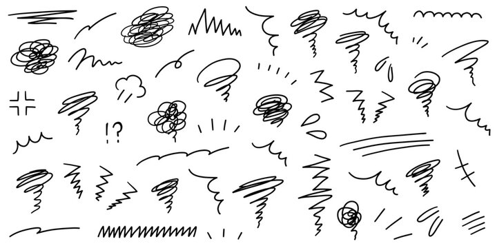 手書きの飾りイラストのベクターイラストセット。手描き、集中線、モヤモヤ、注目