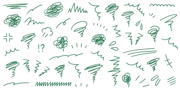 手書きの飾りイラストのベクターイラストセット。手描き、集中線、モヤモヤ、注目