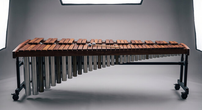A professional product photograph of a full-size orchestral marimba, presented against a seamless, minimalist matte-grey background