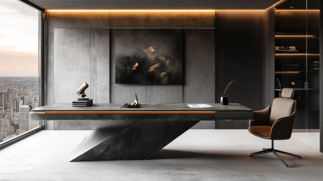 Brutalist home office, floating concrete desk, smoked glass accents, minimalist geometry generative ai