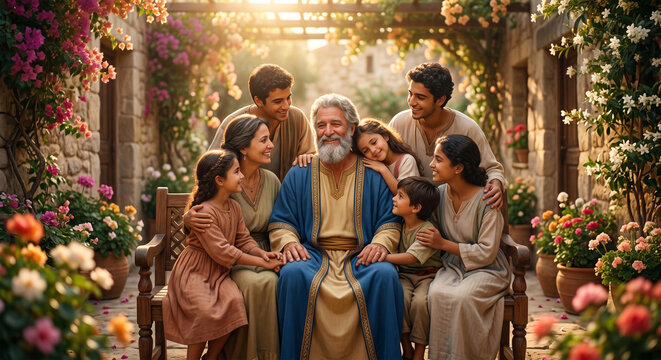 Bible, A heart-warming, intimate portrait of Job sitting with his new family. He is surrounded by his children, his face lit with a gentle, joyful smile that was absent during his trials.\
