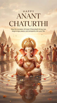 Ganesha statue in water with people celebrating anant chaturdashi