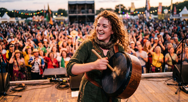 A dynamic action shot of a musician performing at a lively, outdoor folk festival, capturing the rapid, rhythmic motion of the tipper hitting the drumhead, with a soft, bokeh-filled background