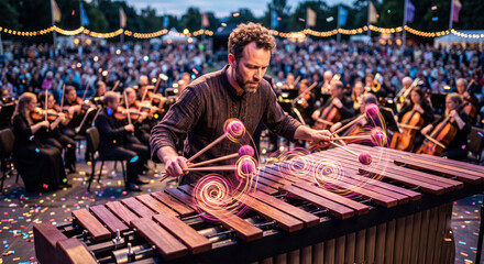 Obraz premium A dynamic action shot of a percussionist performing at a lively, outdoor orchestral concert, capturing the high-speed motion blur of the mallets dancing across the wide range of the marimba,
