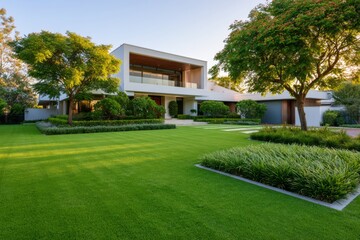 Fototapeta premium Manicured lawn leading to modern estate