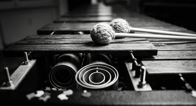 A high-contrast black and white photograph focusing on the rhythmic, linear geometry of the marimba&rsquo;s bars and the architectural precision of the resonators, using a shallow depth of field to keep the