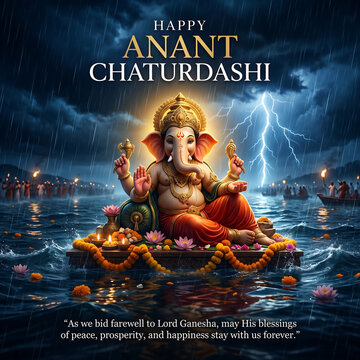 Ganesha statue on float in water with flowers and candles on anant chaturdashi