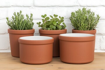 Fototapeta premium Collection of Four Empty Terracotta Plant Pots with Green Herbs on Light Wooden Surface in Front of White Brick Wall